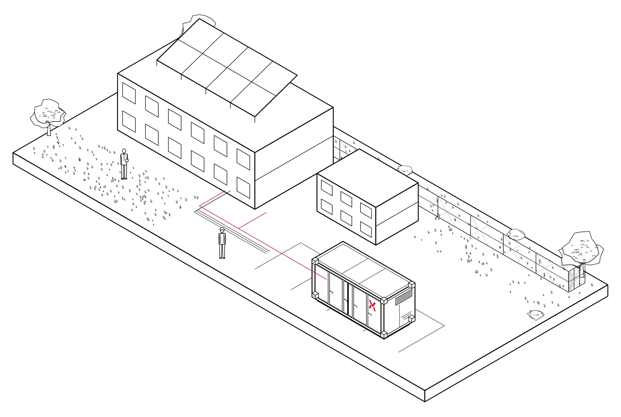 工場の敷地内に蓄電池を設置した需要地併設型蓄電所のイラスト